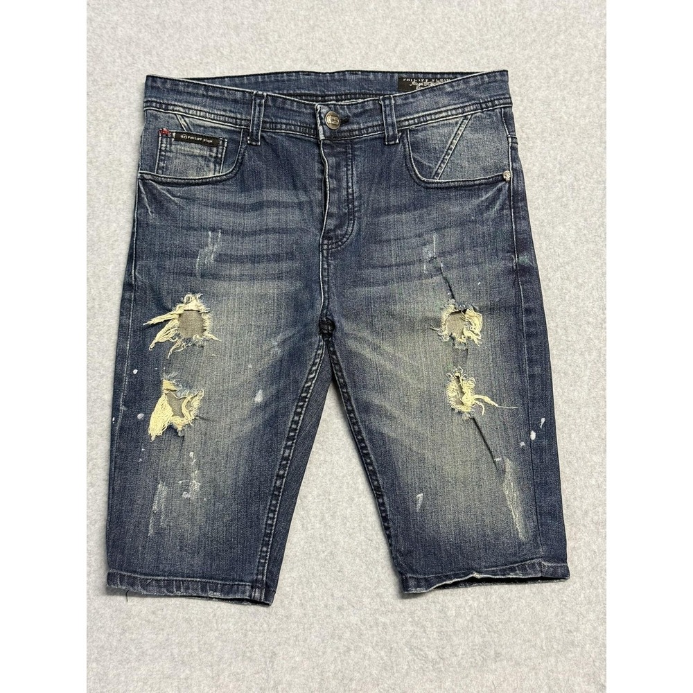 Philipp Plein Shorts Mens 34 Blue‎ Denim Jeans Bermuda Distressed Skull Logo